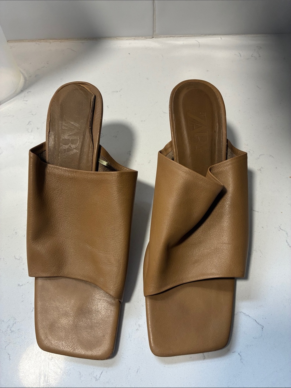 Zara Tan Fold-Over Leather Slide Mules